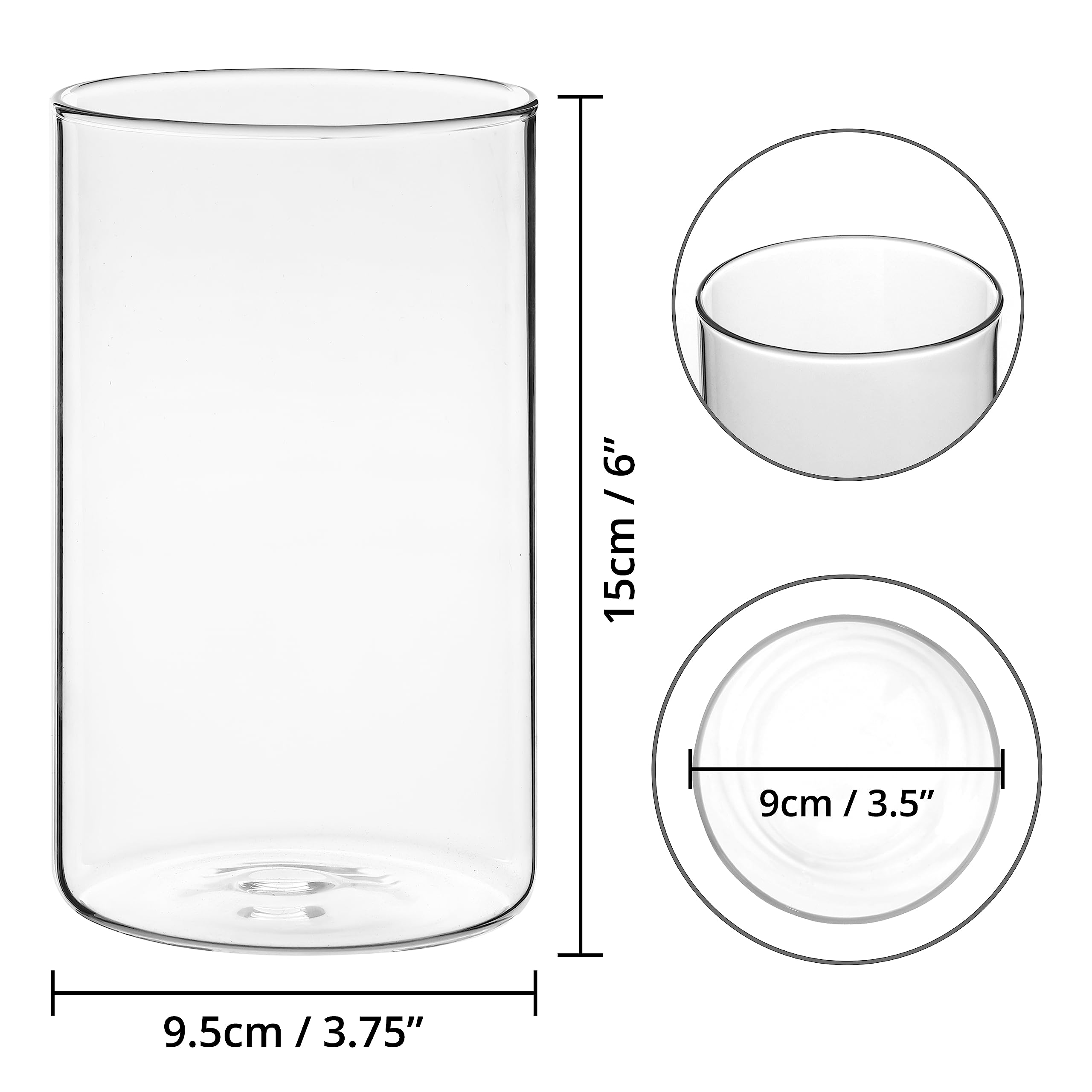 Winter Shore 3er Glasvasen Set 15 cm – Klare Zylinder Glasvasen für Kerzen, Blumen, Muscheln & Hochzeit Tischdeko