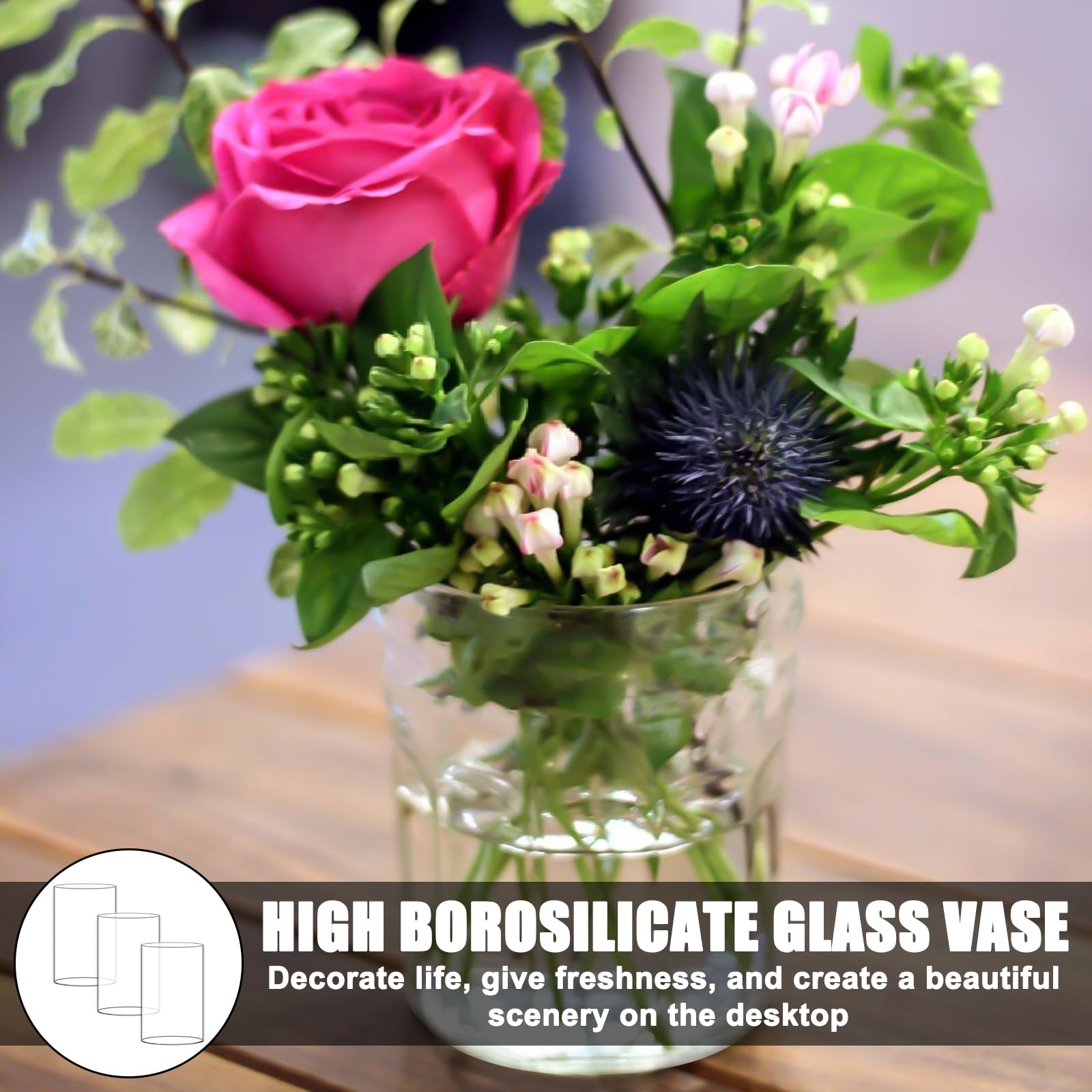 3 Stück Hohe Glasvasen Zylinder 15x10 cm – Breite Öffnung, Klare Vase aus Borosilikatglas für Blumen & Kerzen Deko