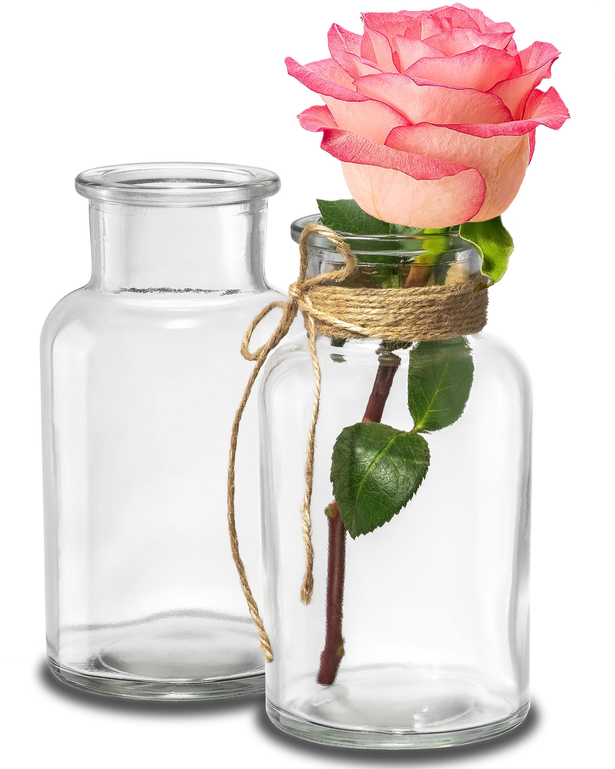 Praknu 24 Kleine Glasvasen 12,5 cm – Vintage Tischvasen mit Juteschnur, Traumhafte Hochzeitsdeko, Spülmaschinenfest