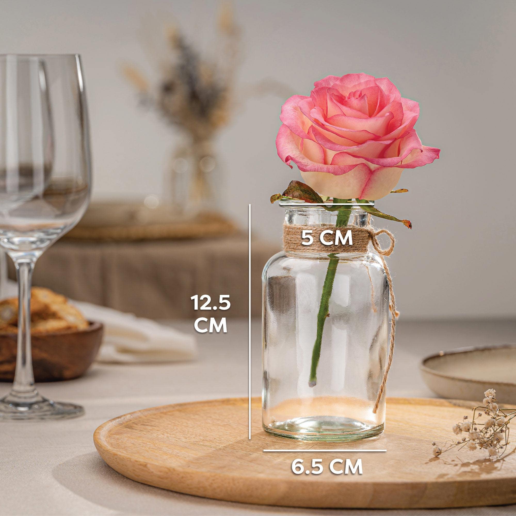 Praknu 12 Kleine Glasvasen 12,5 cm – Vintage Design mit Juteschnur, Hochzeit & Tischdeko, Spülmaschinengeeignet