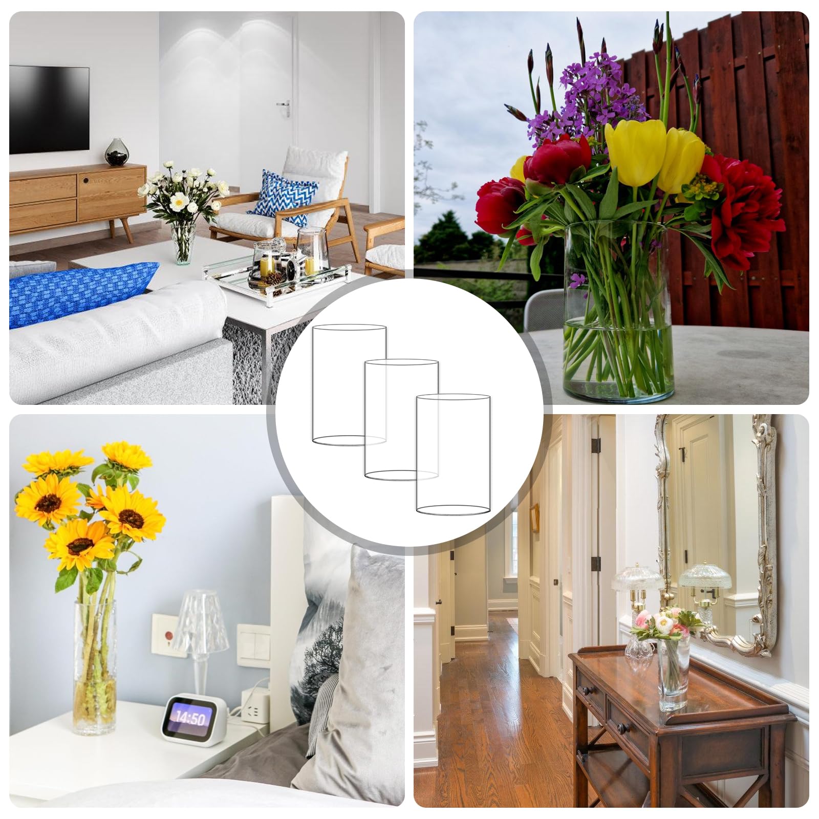 3 Stück Hohe Glasvasen Zylinder 15x10 cm – Breite Öffnung, Klare Vase aus Borosilikatglas für Blumen & Kerzen Deko