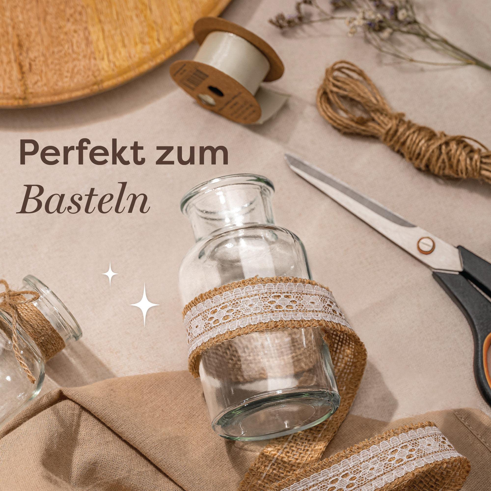 Praknu 12 Kleine Glasvasen 12,5 cm – Vintage Design mit Juteschnur, Hochzeit & Tischdeko, Spülmaschinengeeignet