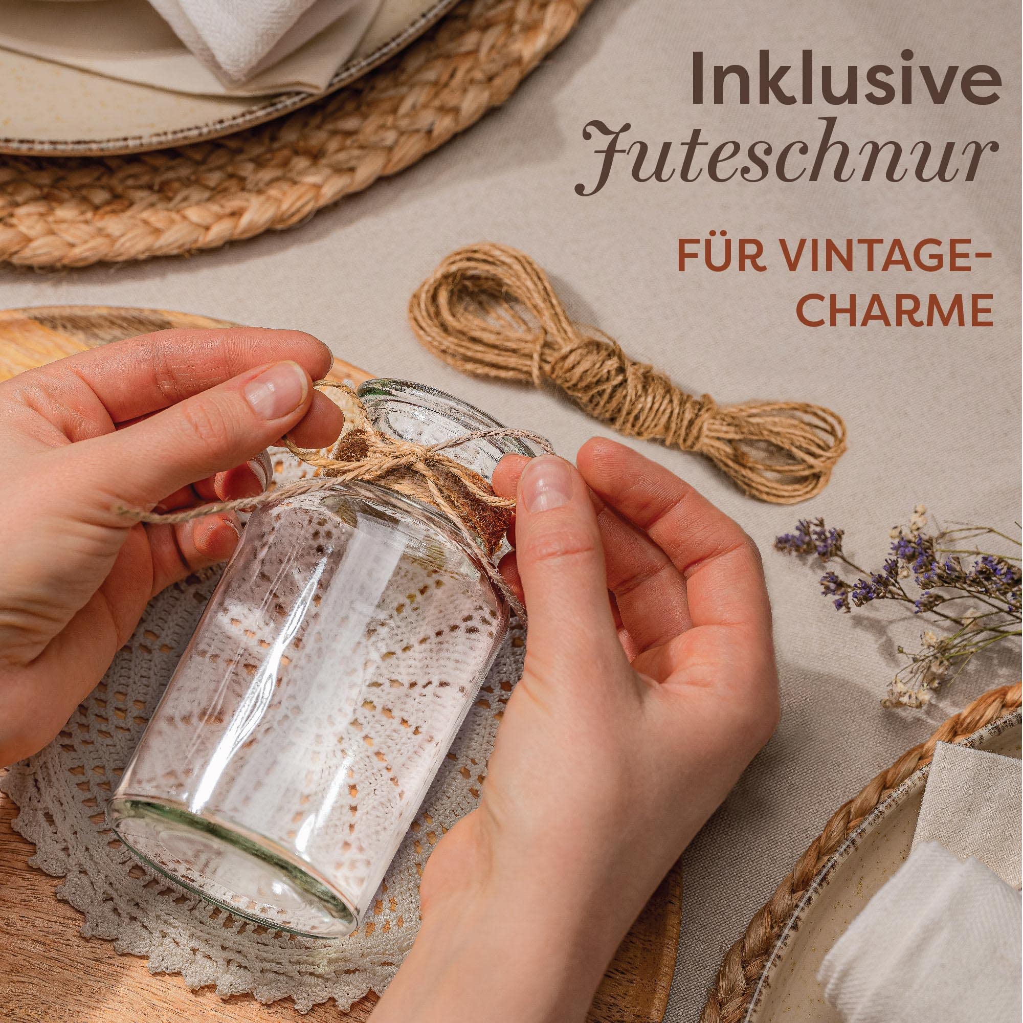 Praknu 12 Kleine Glasvasen 12,5 cm – Vintage Design mit Juteschnur, Hochzeit & Tischdeko, Spülmaschinengeeignet