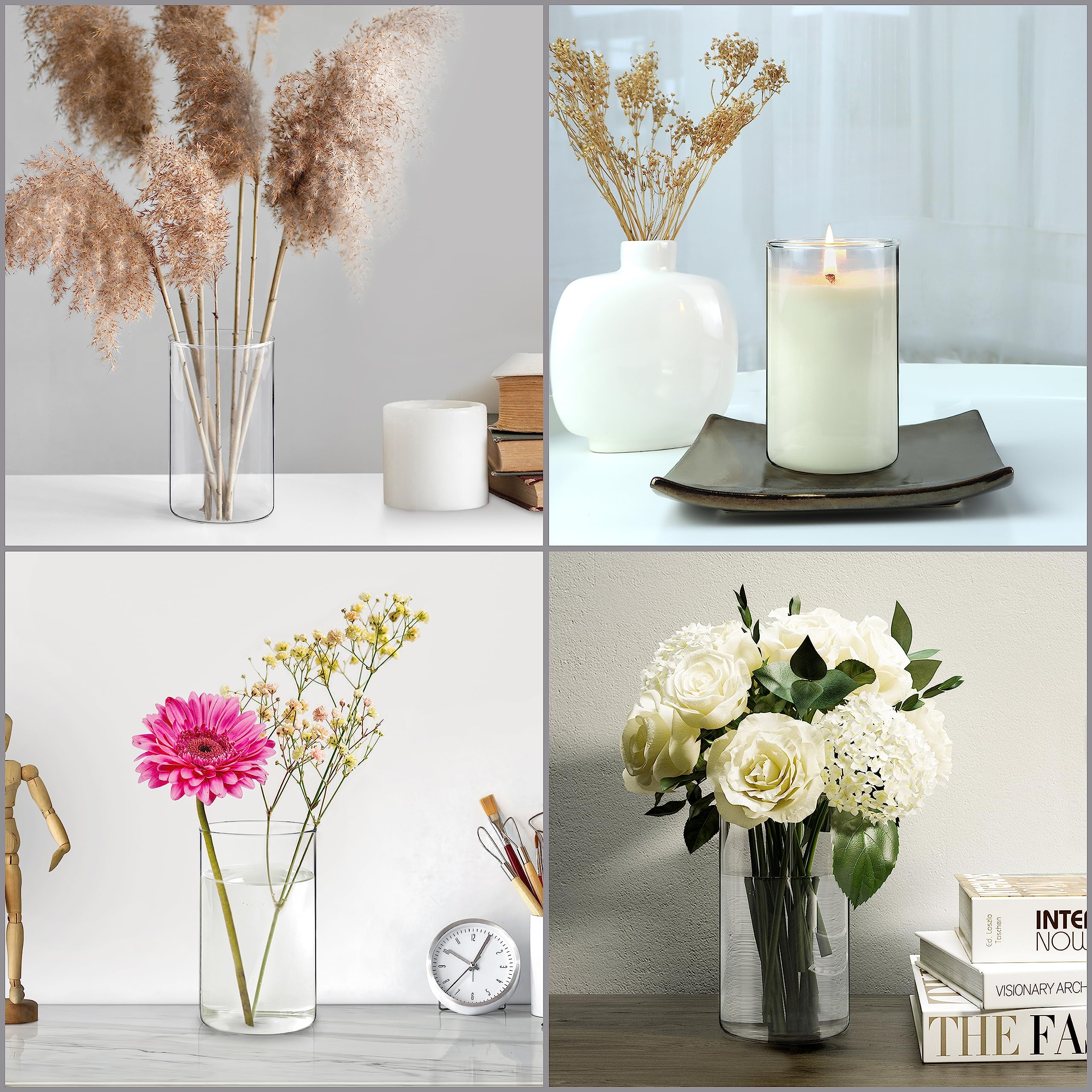 Winter Shore 3er Glasvasen Set 15 cm – Klare Zylinder Glasvasen für Kerzen, Blumen, Muscheln & Hochzeit Tischdeko