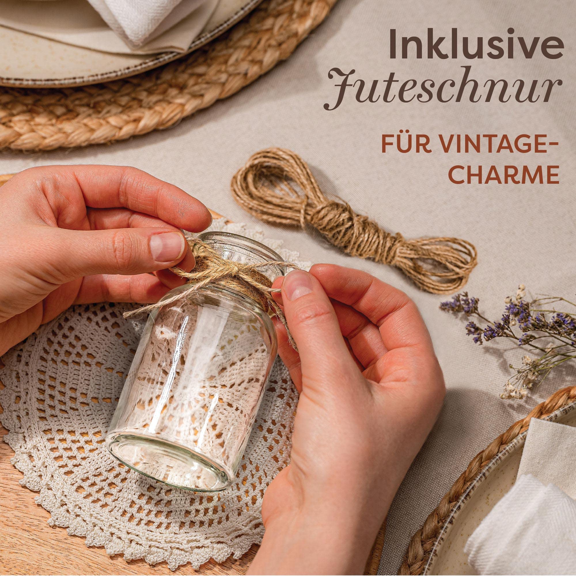 Praknu 12 Mini Glasvasen 10 cm – Vintage Tischvasen mit Juteschnur, Hochzeit & Festliche Deko, Spülmaschinenfest