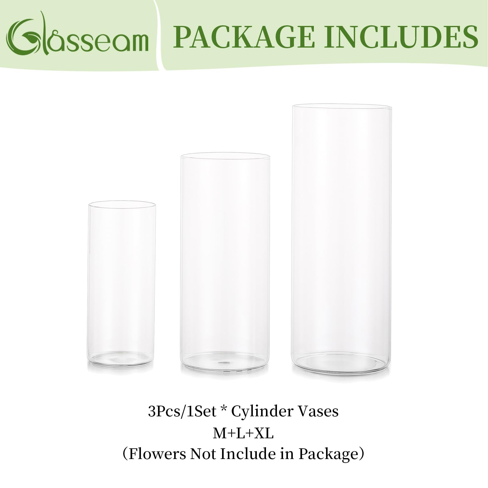 Glasseam 3er Glasvasen Set – Zylindervasen 15/20/25 cm Hoch, Runde Glasblumenvase für Hochzeit, Tulpen & Tischdeko