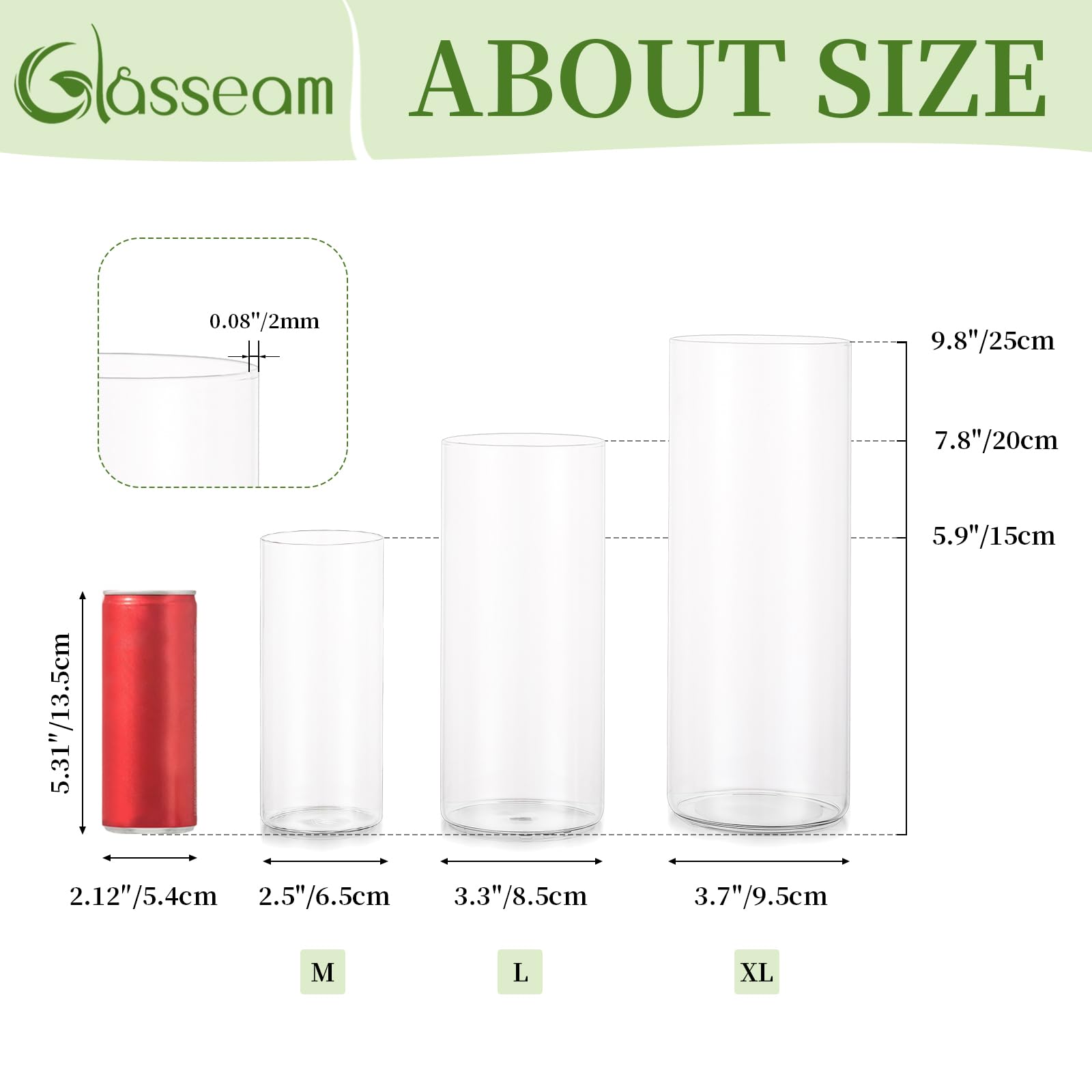 Glasseam 3er Glasvasen Set – Zylindervasen 15/20/25 cm Hoch, Runde Glasblumenvase für Hochzeit, Tulpen & Tischdeko