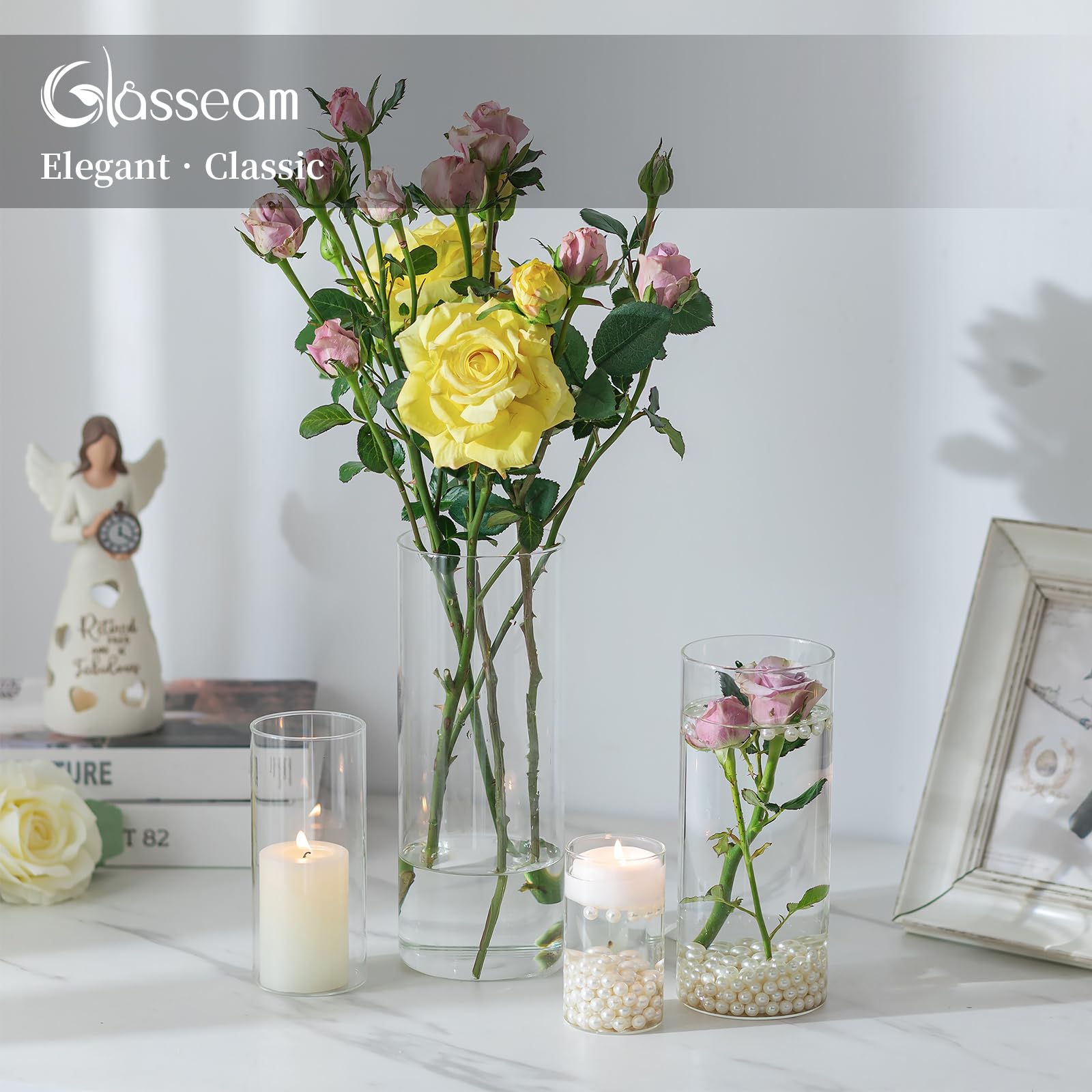 Glasseam 3er Glasvasen Set – Zylindervasen 15/20/25 cm Hoch, Runde Glasblumenvase für Hochzeit, Tulpen & Tischdeko