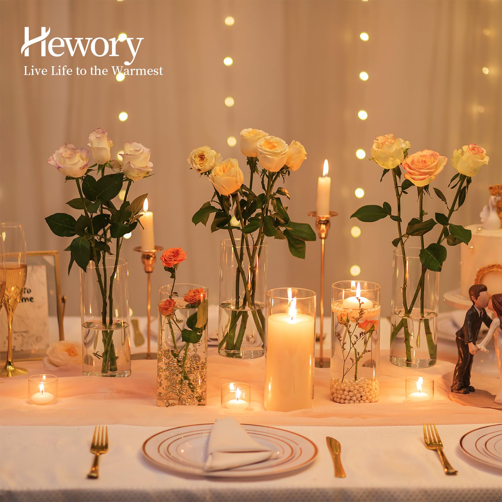 Hewory 6er Glasvasen Set – 19 cm Zylindervasen für Hochzeit, Kerzen, Windlichter & Tischdeko Party Glaszylinder