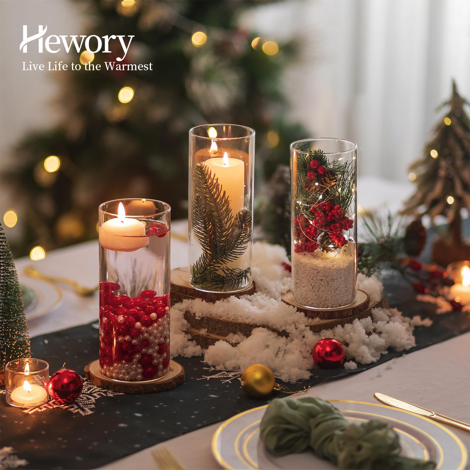 Hewory 6er Glasvasen Set – 19 cm Zylindervasen für Hochzeit, Kerzen, Windlichter & Tischdeko Party Glaszylinder