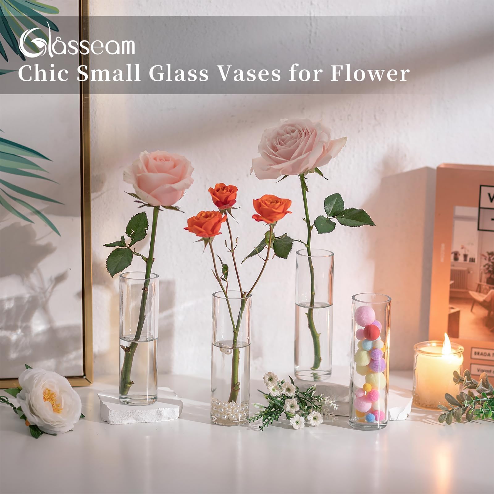 Glasseam 12er Zylinder Vasen Set – Kleine Glasvasen für Hochzeit, Tischdeko & Blumenarrangements, Modern Transparent