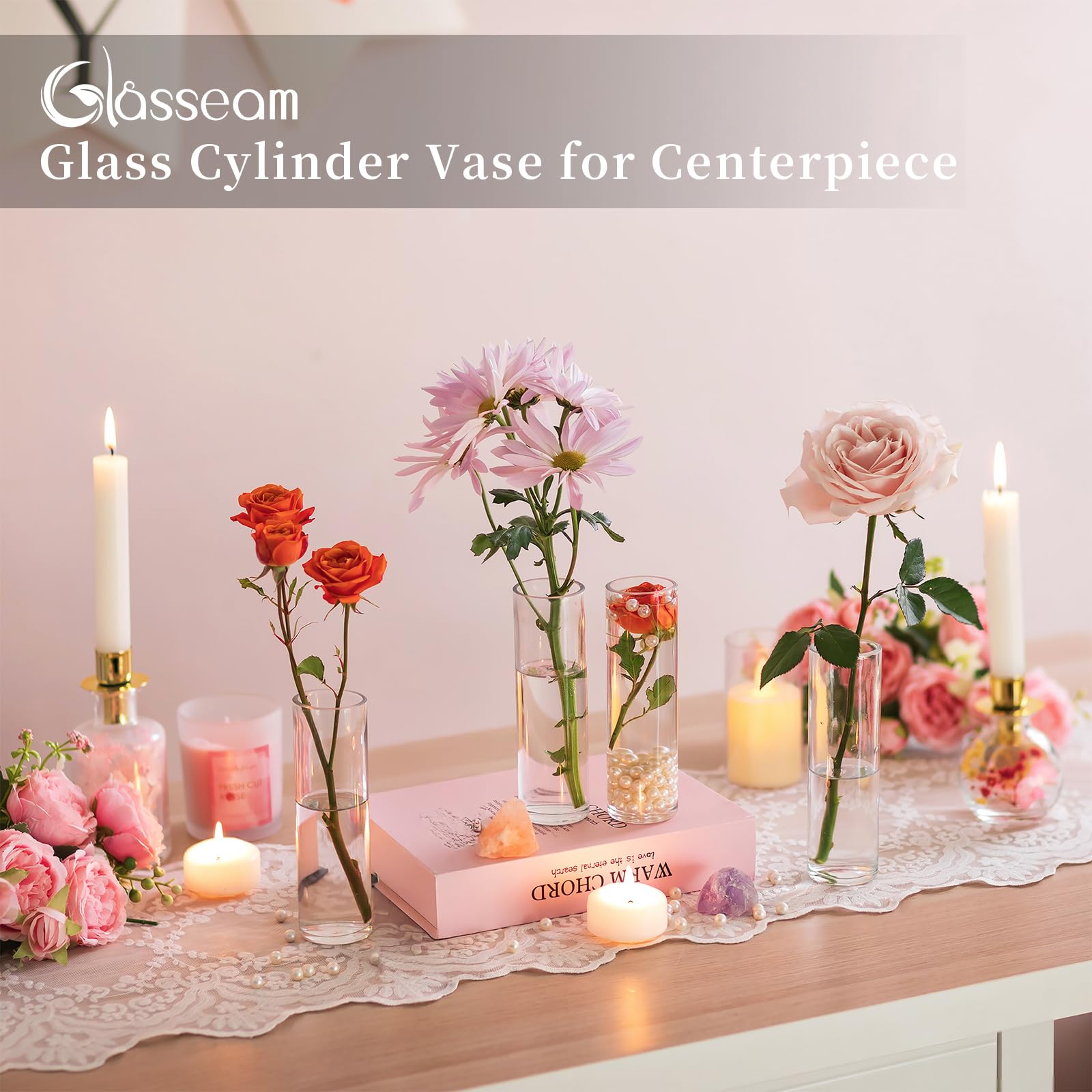 Glasseam 12er Zylinder Vasen Set – Kleine Glasvasen für Hochzeit, Tischdeko & Blumenarrangements, Modern Transparent
