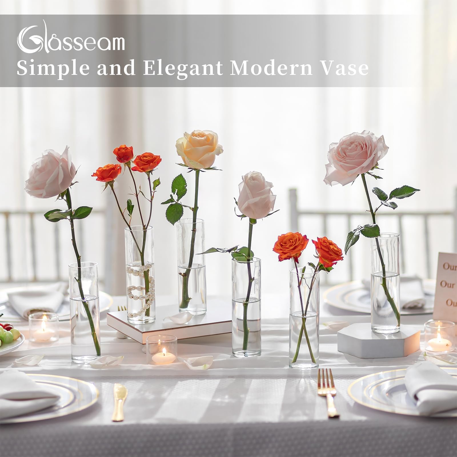 Glasseam 12er Zylinder Vasen Set – Kleine Glasvasen für Hochzeit, Tischdeko & Blumenarrangements, Modern Transparent