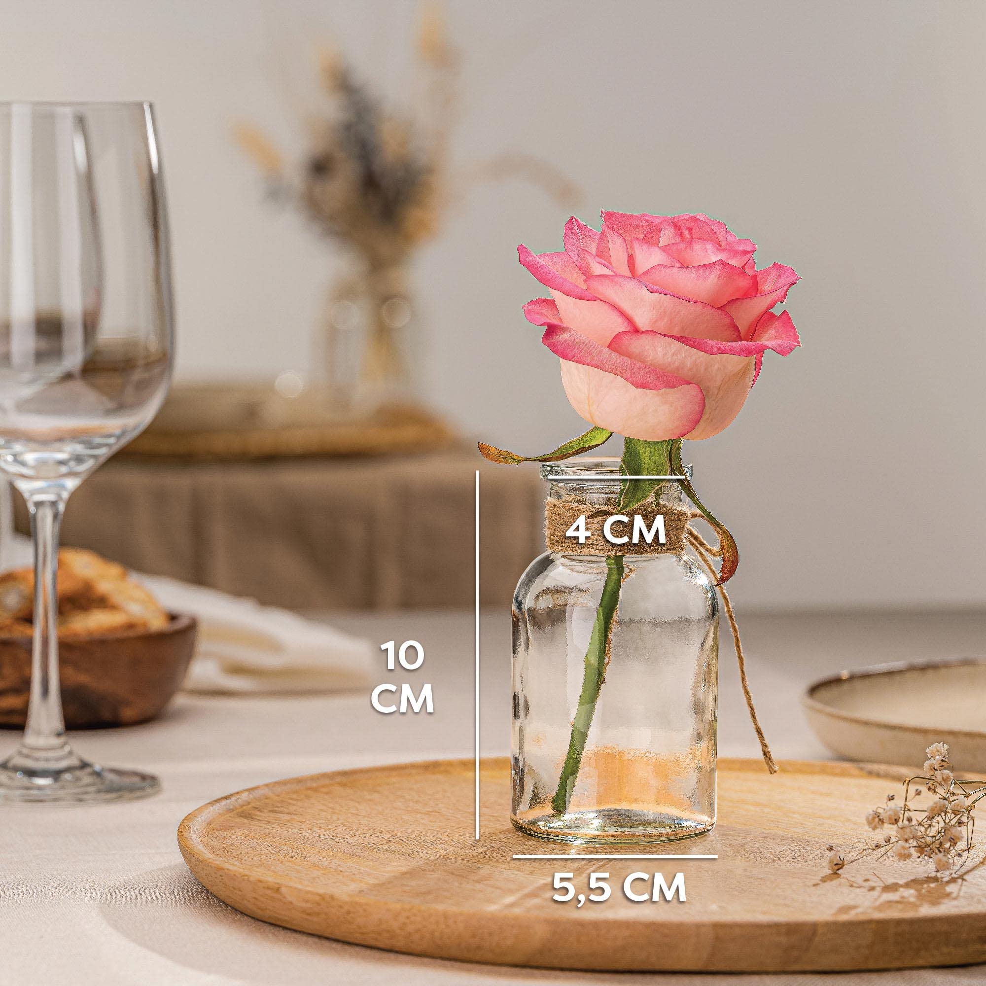 Praknu 12 Mini Glasvasen 10 cm – Vintage Tischvasen mit Juteschnur, Hochzeit & Festliche Deko, Spülmaschinenfest