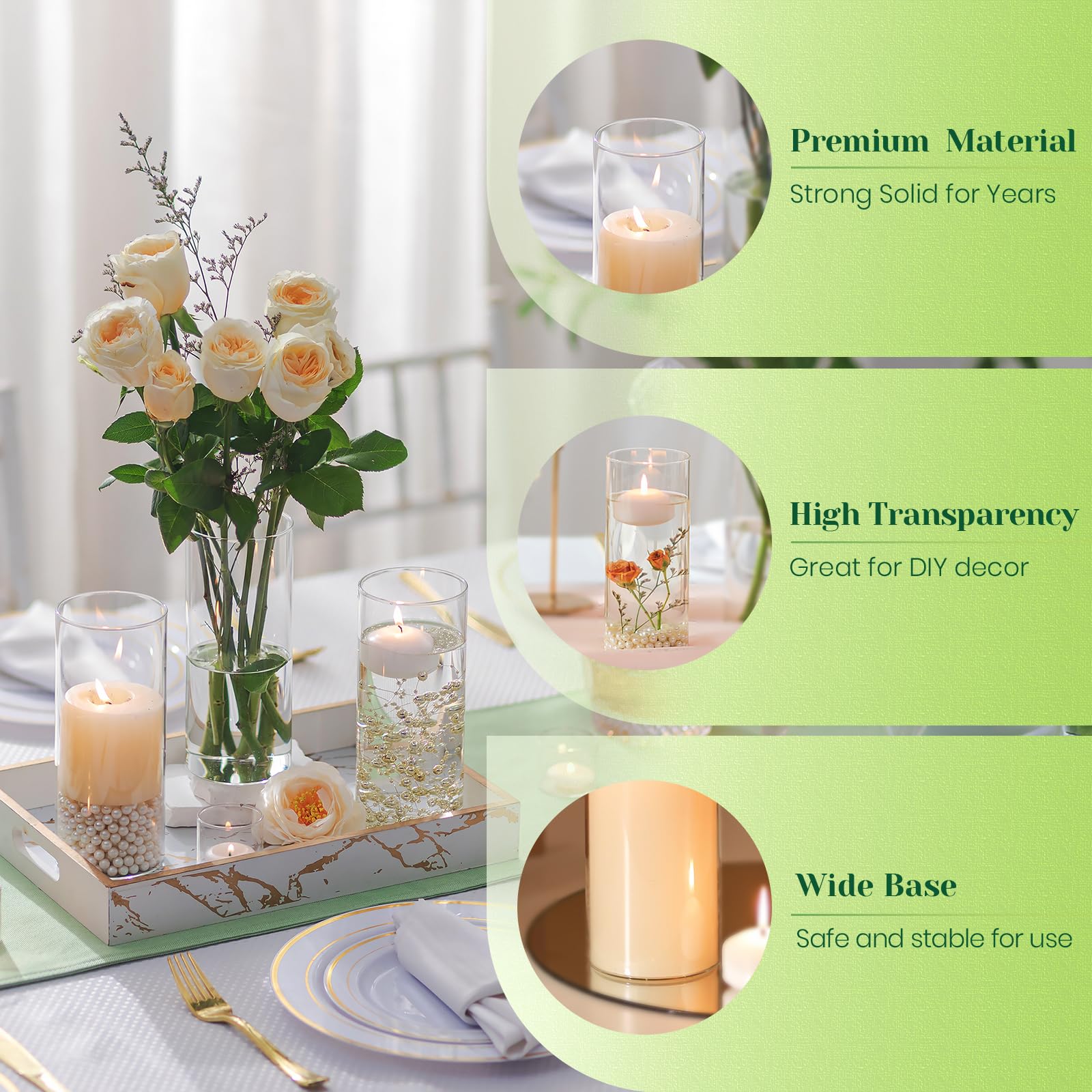 Hewory 6er Glasvasen Set – 19 cm Zylindervasen für Hochzeit, Kerzen, Windlichter & Tischdeko Party Glaszylinder