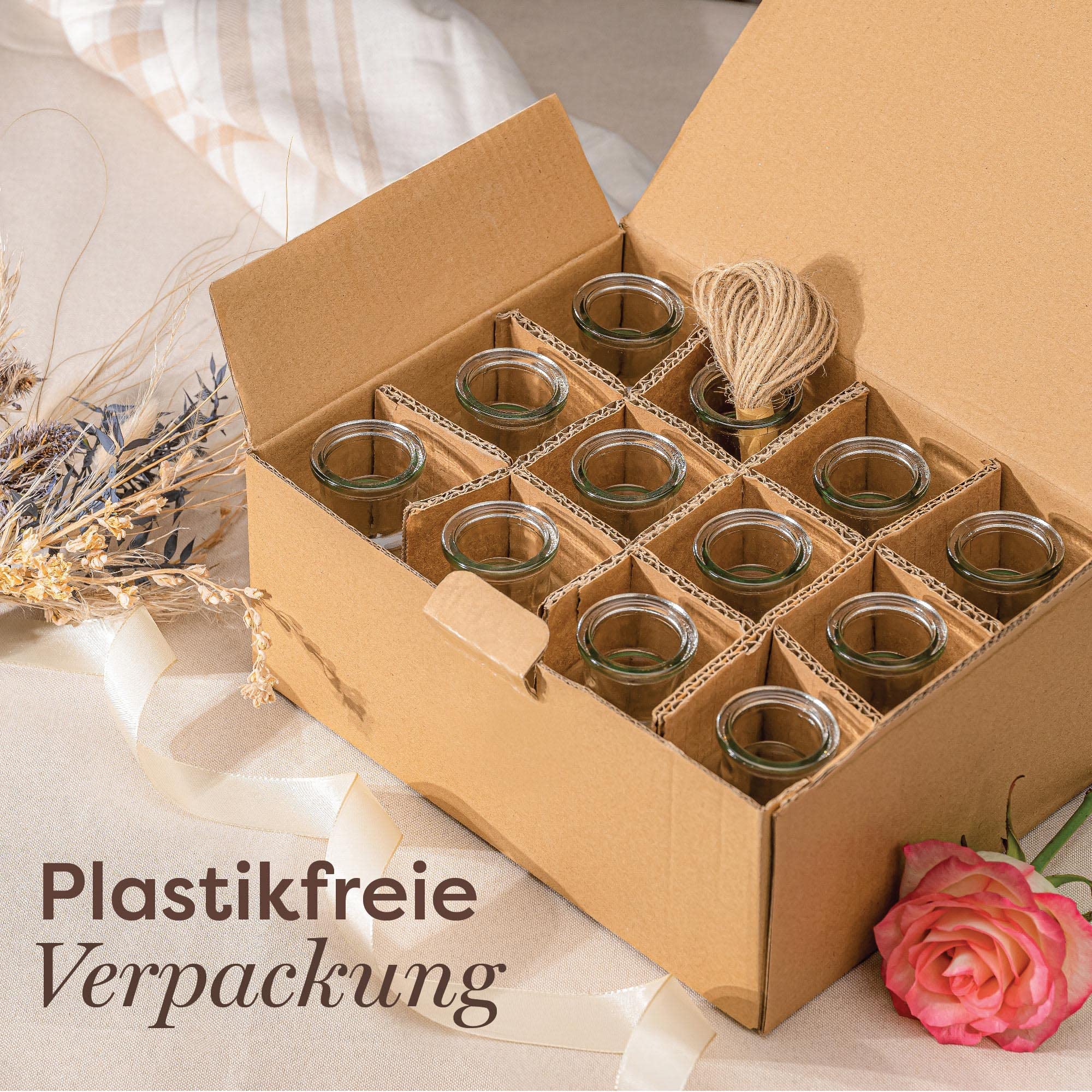 Praknu 12 Kleine Glasvasen 12,5 cm – Vintage Design mit Juteschnur, Hochzeit & Tischdeko, Spülmaschinengeeignet